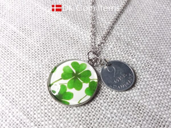 Denmark 2 ore coin pendant necklace + picture of Four-leaf Lucky Clover. Danish 1971 R initial coin.