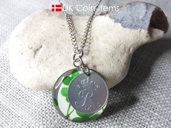 Denmark 2 ore coin pendant necklace + picture of Four-leaf Lucky Clover. Danish 1971 R initial coin.