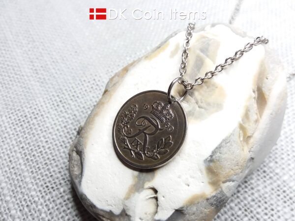 Denmark 1950 25 ore coin pendant necklace. 74 year old coin. 74th birthday gift. Danish R-initial coin souvenir.