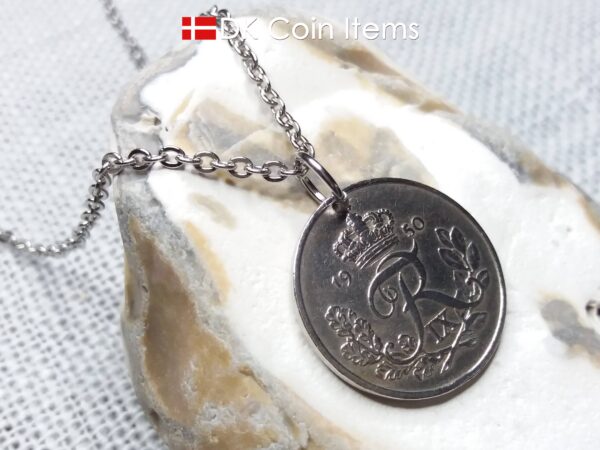 Denmark R-initial coin pendant necklace. 74 year old 25 ore. 74th birthday gift. Danish 1950 coin souvenir.