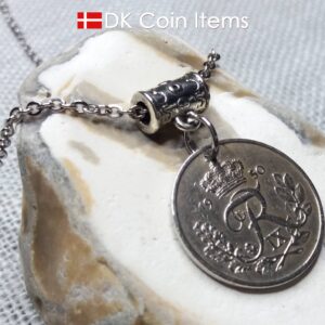 Denmark R-initial coin necklace. 74 year old 25 ore coin pendant. 74th birthday gift. Danish 1950 coin souvenir.