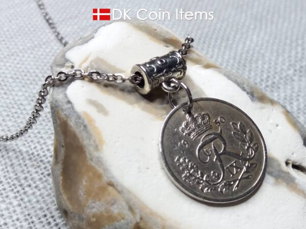 Denmark R-initial coin necklace. 74 year old 25 ore coin pendant. 74th birthday gift. Danish 1950 coin souvenir.