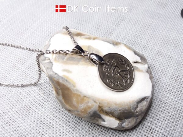 Denmark R-initial coin necklace. 74 year old 25 ore coin pendant. 74th birthday gift. Danish 1950 coin souvenir on pinch bail