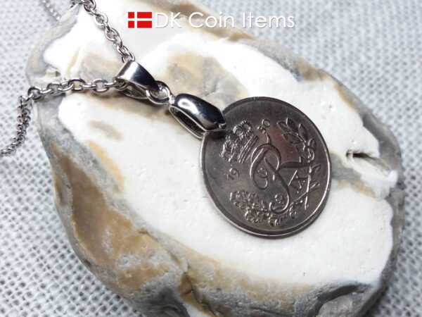 Denmark 1950 25 ore coin necklace. 74 year old coin pendant. 74th birthday gift. Danish R-initial coin souvenir on pinch bail