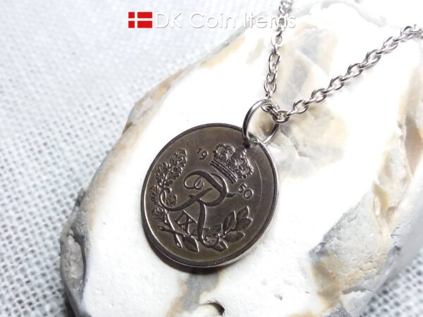 Denmark 1950 25 ore coin pendant necklace. 74 year old coin. 74th birthday gift. Danish R-initial coin souvenir.