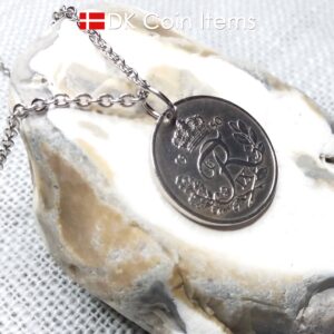 Denmark R-initial coin pendant necklace. 74 year old 25 ore. 74th birthday gift. Danish 1950 coin souvenir.