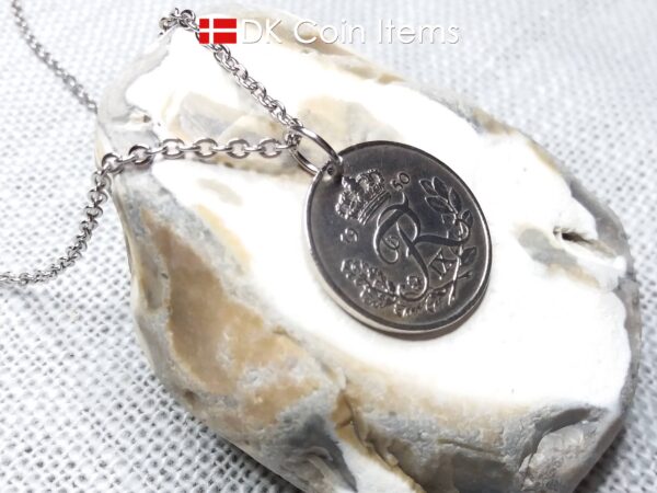 Denmark R-initial coin pendant necklace. 74 year old 25 ore. 74th birthday gift. Danish 1950 coin souvenir.