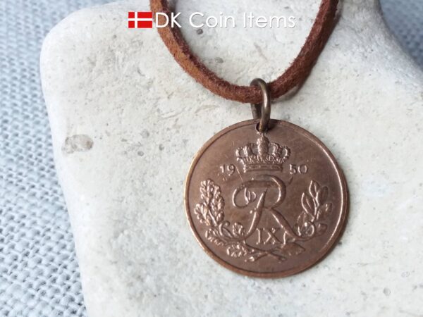 Denmark 1950 R coin necklace. 74 year 25 ore coin pendant. 74th birthday gift. Danish vintage coin souvenir. Copper plated.