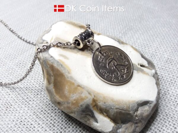 Denmark R-initial coin necklace. 74 year old 25 ore coin pendant. 74th birthday gift. Danish 1950 coin souvenir.