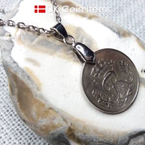 Denmark R-initial coin necklace. 74 year old 25 ore coin pendant. 74th birthday gift. Danish 1950 coin souvenir on pinch bail