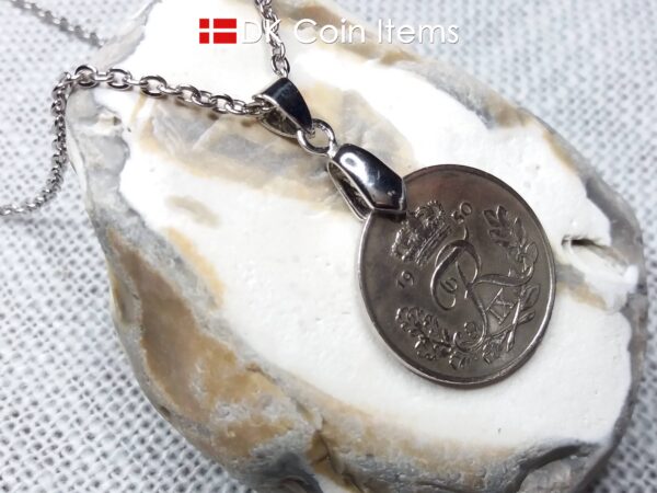 Denmark R-initial coin necklace. 74 year old 25 ore coin pendant. 74th birthday gift. Danish 1950 coin souvenir on pinch bail