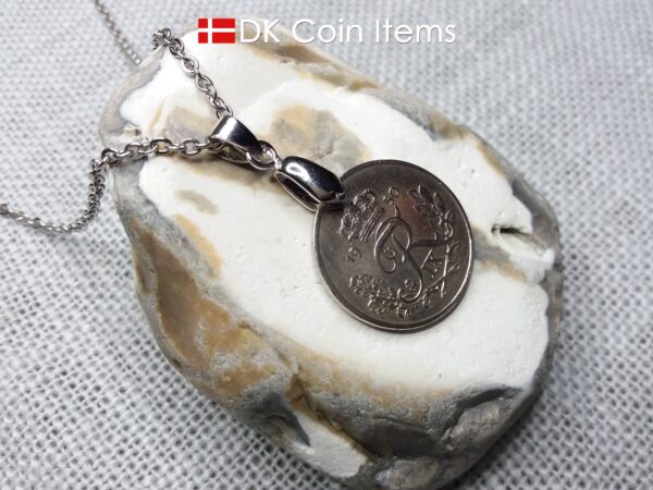 Denmark 1950 25 ore coin necklace. 74 year old coin pendant. 74th birthday gift. Danish R-initial coin souvenir on pinch bail