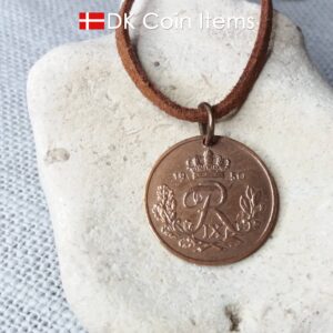 Denmark 1950 R coin necklace. 74 year 25 ore coin pendant. 74th birthday gift. Danish vintage coin souvenir. Copper plated.