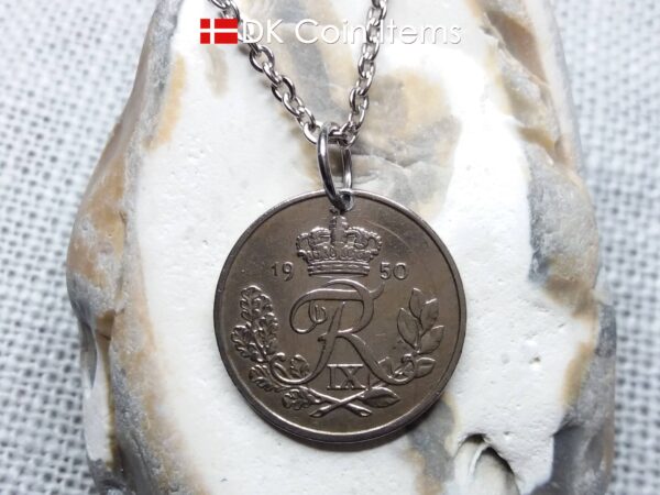 Denmark 1950 25 ore coin pendant necklace. 74 year old coin. 74th birthday gift. Danish R-initial coin souvenir.