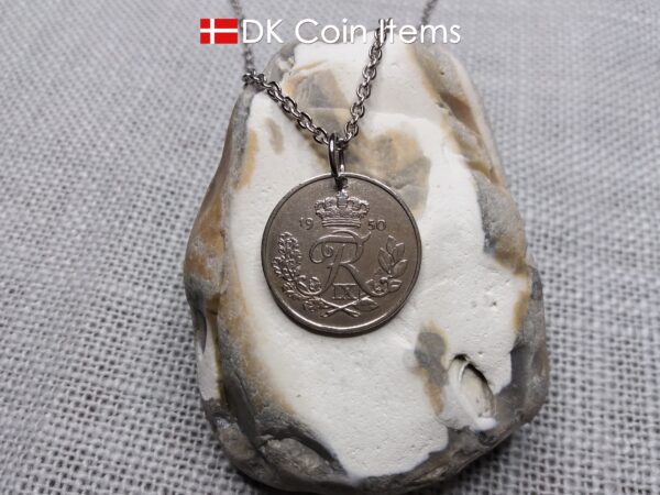 Denmark R-initial coin pendant necklace. 74 year old 25 ore. 74th birthday gift. Danish 1950 coin souvenir.