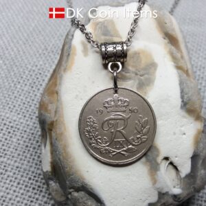 Denmark 1950 25 ore coin necklace. 74 year old coin pendant. 74th birthday gift. Danish R-initial coin souvenir.