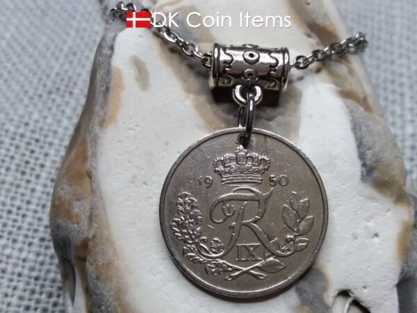 Denmark R-initial coin necklace. 74 year old 25 ore coin pendant. 74th birthday gift. Danish 1950 coin souvenir.