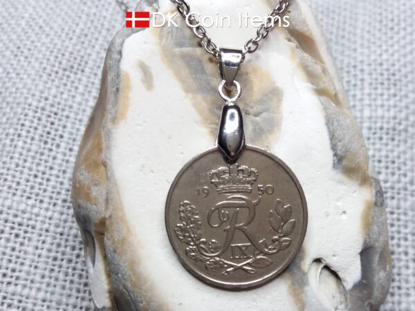 Denmark R-initial coin necklace. 74 year old 25 ore coin pendant. 74th birthday gift. Danish 1950 coin souvenir on pinch bail