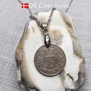 Denmark 1950 25 ore coin necklace. 74 year old coin pendant. 74th birthday gift. Danish R-initial coin souvenir on pinch bail