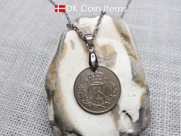 Denmark 1950 25 ore coin necklace. 74 year old coin pendant. 74th birthday gift. Danish R-initial coin souvenir on pinch bail