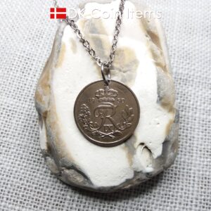 Denmark 1950 25 ore coin pendant necklace. 74 year old coin. 74th birthday gift. Danish R-initial coin souvenir.