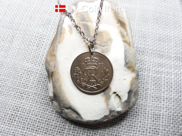 Denmark 1950 25 ore coin pendant necklace. 74 year old coin. 74th birthday gift. Danish R-initial coin souvenir.