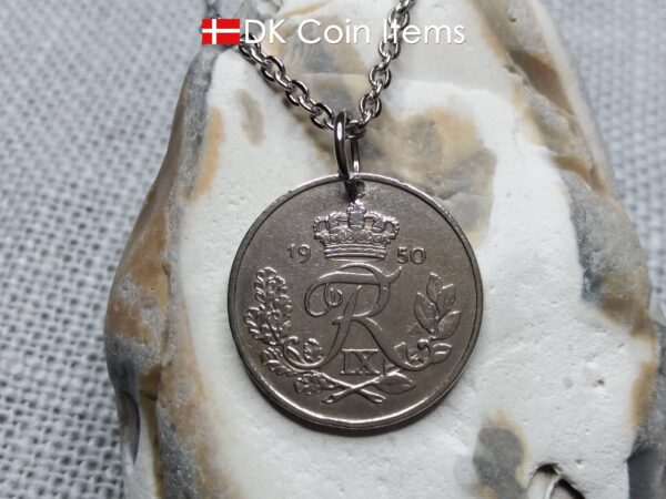 Denmark R-initial coin pendant necklace. 74 year old 25 ore. 74th birthday gift. Danish 1950 coin souvenir.