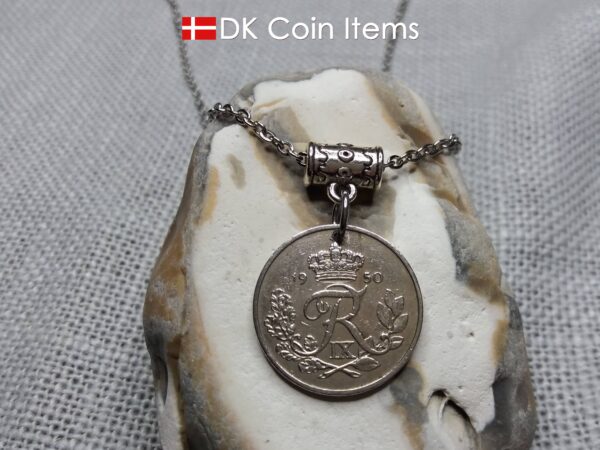 Denmark R-initial coin necklace. 74 year old 25 ore coin pendant. 74th birthday gift. Danish 1950 coin souvenir.