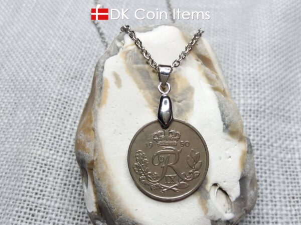 Denmark R-initial coin necklace. 74 year old 25 ore coin pendant. 74th birthday gift. Danish 1950 coin souvenir on pinch bail