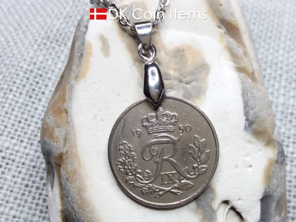 Denmark 1950 25 ore coin necklace. 74 year old coin pendant. 74th birthday gift. Danish R-initial coin souvenir on pinch bail