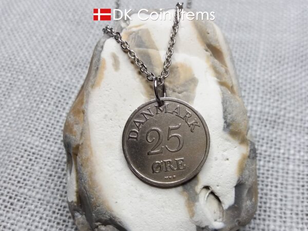 Denmark R-initial coin pendant necklace. 74 year old 25 ore. 74th birthday gift. Danish 1950 coin souvenir.