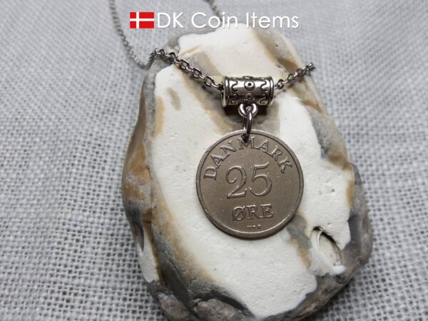 Denmark R-initial coin necklace. 74 year old 25 ore coin pendant. 74th birthday gift. Danish 1950 coin souvenir.