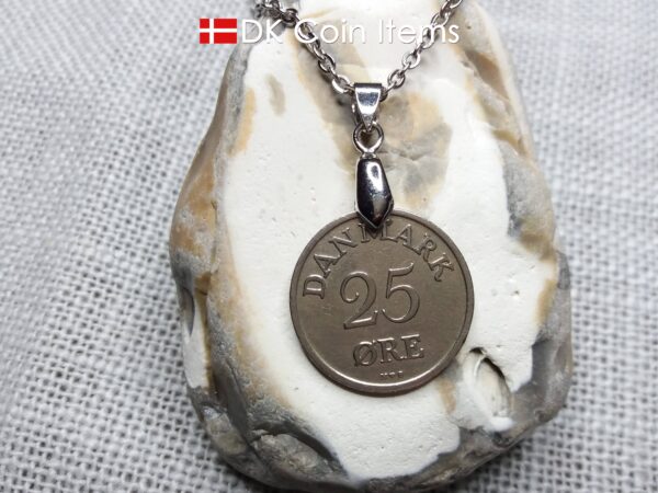 Denmark R-initial coin necklace. 74 year old 25 ore coin pendant. 74th birthday gift. Danish 1950 coin souvenir on pinch bail