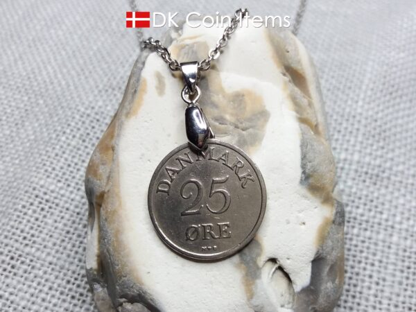 Denmark 1950 25 ore coin necklace. 74 year old coin pendant. 74th birthday gift. Danish R-initial coin souvenir on pinch bail