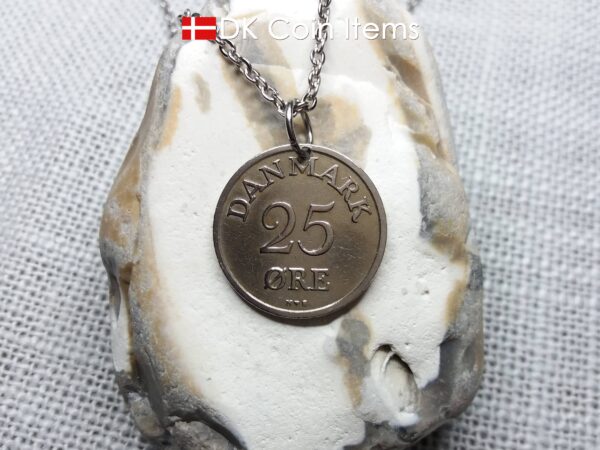 Denmark 1950 25 ore coin pendant necklace. 74 year old coin. 74th birthday gift. Danish R-initial coin souvenir.