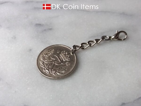 Denmark 1956 R coin charm. 68 year old Danish 25 ore as coin pendant on chain + lobster claw. Danish vintage coin souvenir.