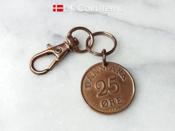 Denmark 1956 R coin charm. 68 year old Danish 25 ore as coin pendant on trigger clip with infinity ring. Danish vintage coin souvenir.