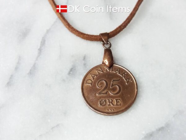 Denmark 1956 R coin necklace. 68 year old Danish 25 ore as coin pendant on pinch bail. Danish vintage coin souvenir.