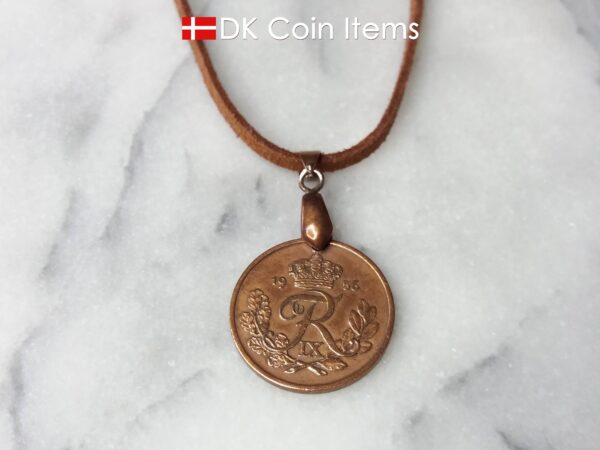 Denmark 1956 R coin necklace. 68 year old Danish 25 ore as coin pendant on pinch bail. Danish vintage coin souvenir.