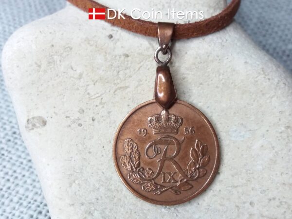 Denmark 1956 R coin necklace. 68 year old Danish 25 ore as coin pendant on pinch bail. Danish vintage coin souvenir.