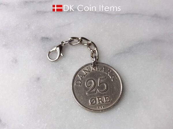 Denmark 1956 R coin charm. 68 year old Danish 25 ore as coin pendant on chain + lobster claw. Danish vintage coin souvenir.