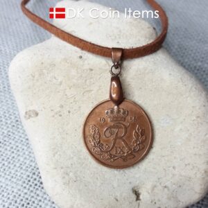 Denmark 1956 R coin necklace. 68 year old Danish 25 ore as coin pendant on pinch bail. Danish vintage coin souvenir.