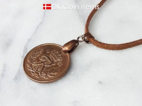 Denmark 1956 R coin necklace. 68 year old Danish 25 ore as coin pendant on pinch bail. Danish vintage coin souvenir.