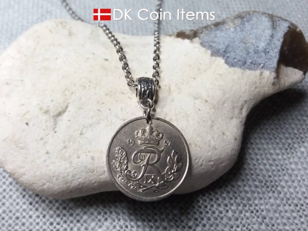 Denmark 1957 R initial coin necklace. 67 year old Danish 25 ore coin pendant. 67th birthday gift.