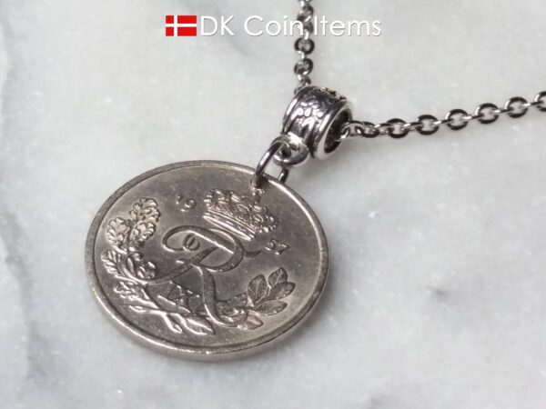 Denmark 1957 R initial coin necklace. 67 year old Danish 25 ore coin pendant. 67th birthday gift.