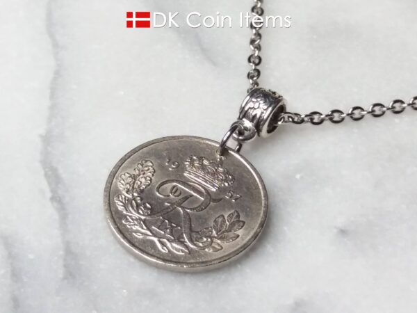 Denmark 1957 R initial coin necklace. 67 year old Danish 25 ore coin pendant. 67th birthday gift.