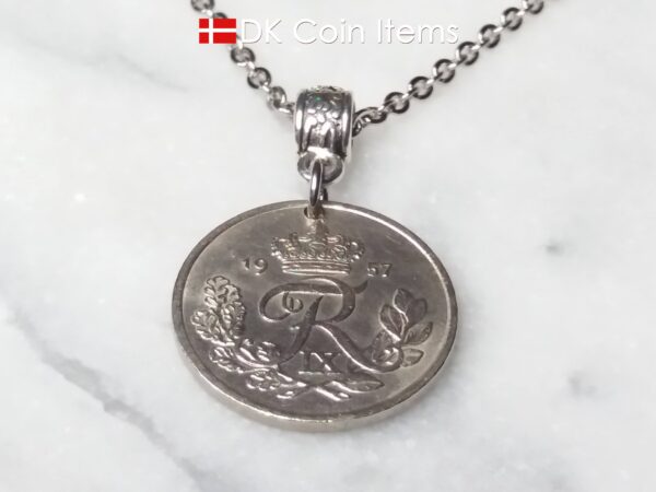 Denmark 1957 R initial coin necklace. 67 year old Danish 25 ore coin pendant. 67th birthday gift.