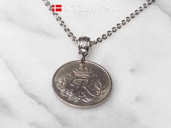 Denmark 1957 R initial coin necklace. 67 year old Danish 25 ore coin pendant. 67th birthday gift.