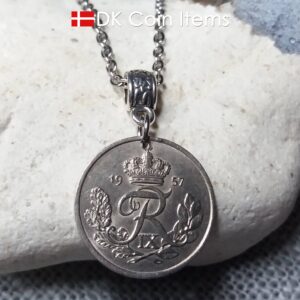 Denmark 1957 R initial coin necklace. 67 year old Danish 25 ore coin pendant. 67th birthday gift.