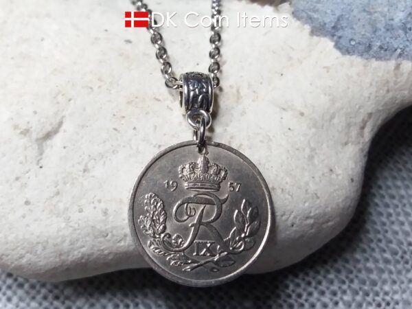 Denmark 1957 R initial coin necklace. 67 year old Danish 25 ore coin pendant. 67th birthday gift.